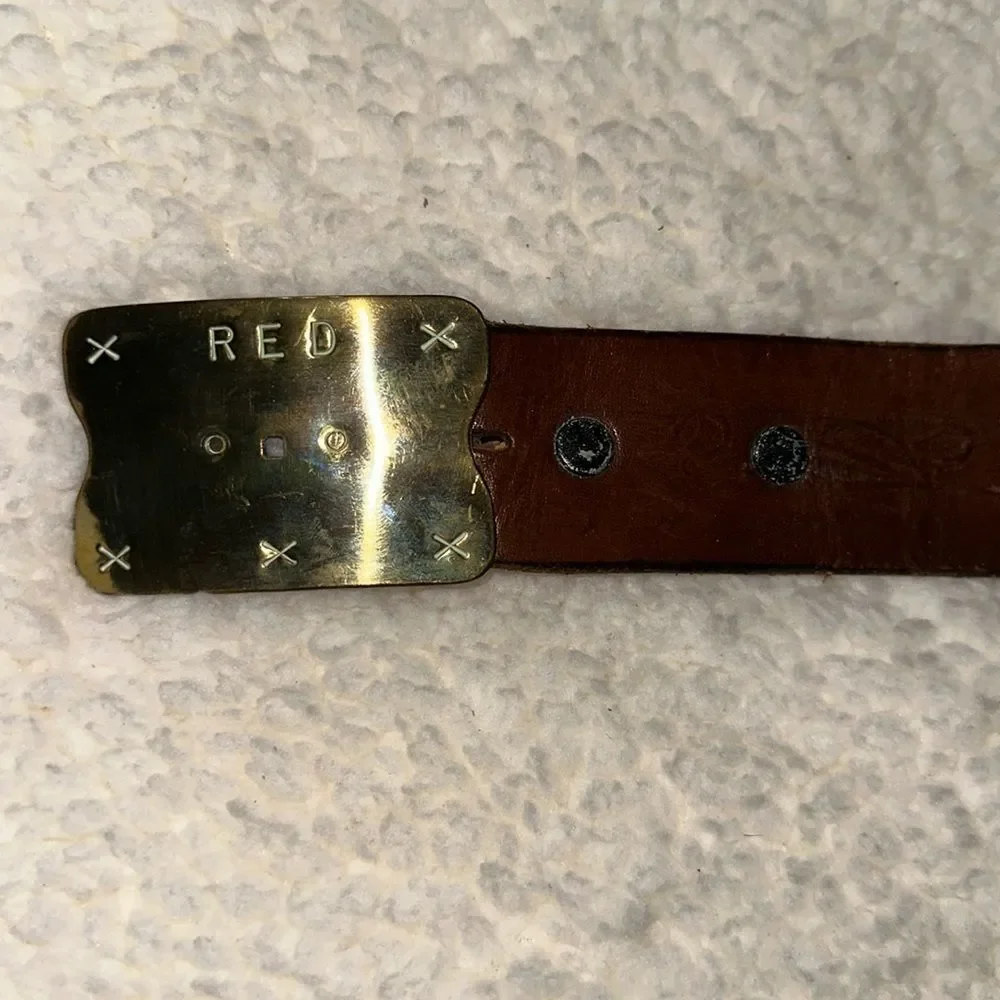 Vintage 44 Brown Gold Tone Buckle Tooled Braided Leather Belt x RED Embossed